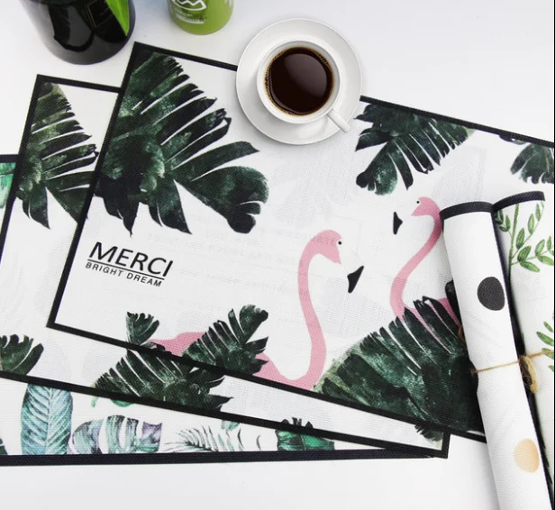 

Creative Nordic Style Tropical Flamingos Tableware PVC Placemat Table Mat Heat-insulation Green Leaves Printed Dining Pads LF404