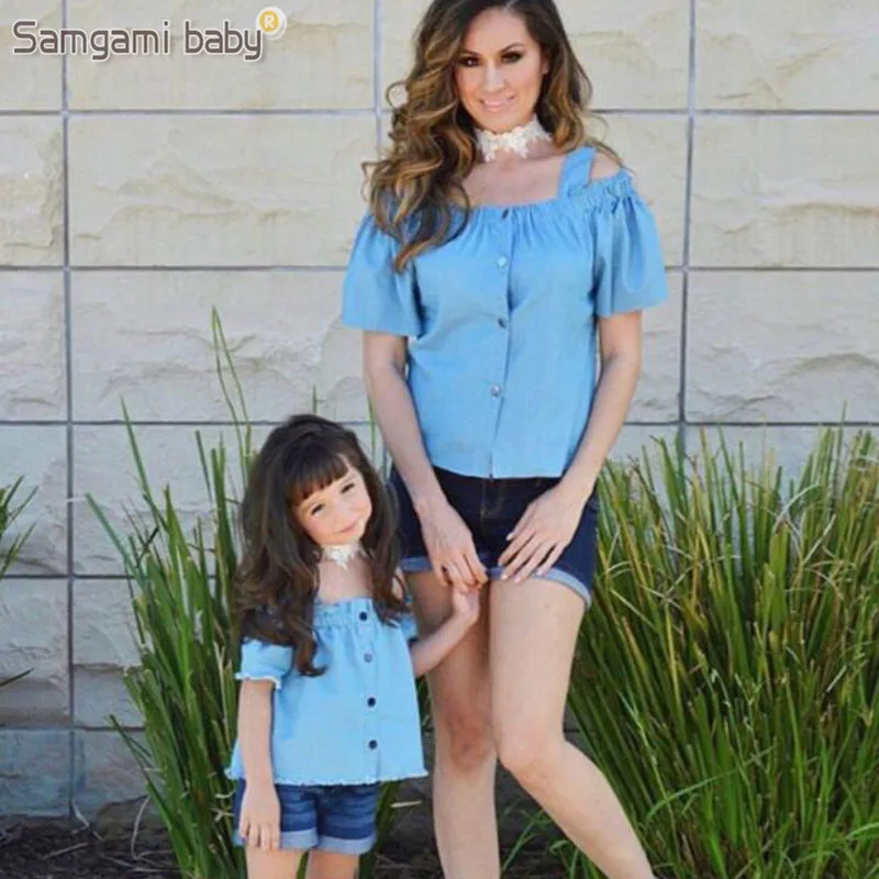 

SAMGAMI BABY Parents and Children Summer Girls mom Condole Belt Short Sleeve Tops+shorts 2pcs Family Matching Jeans Clothes Suit