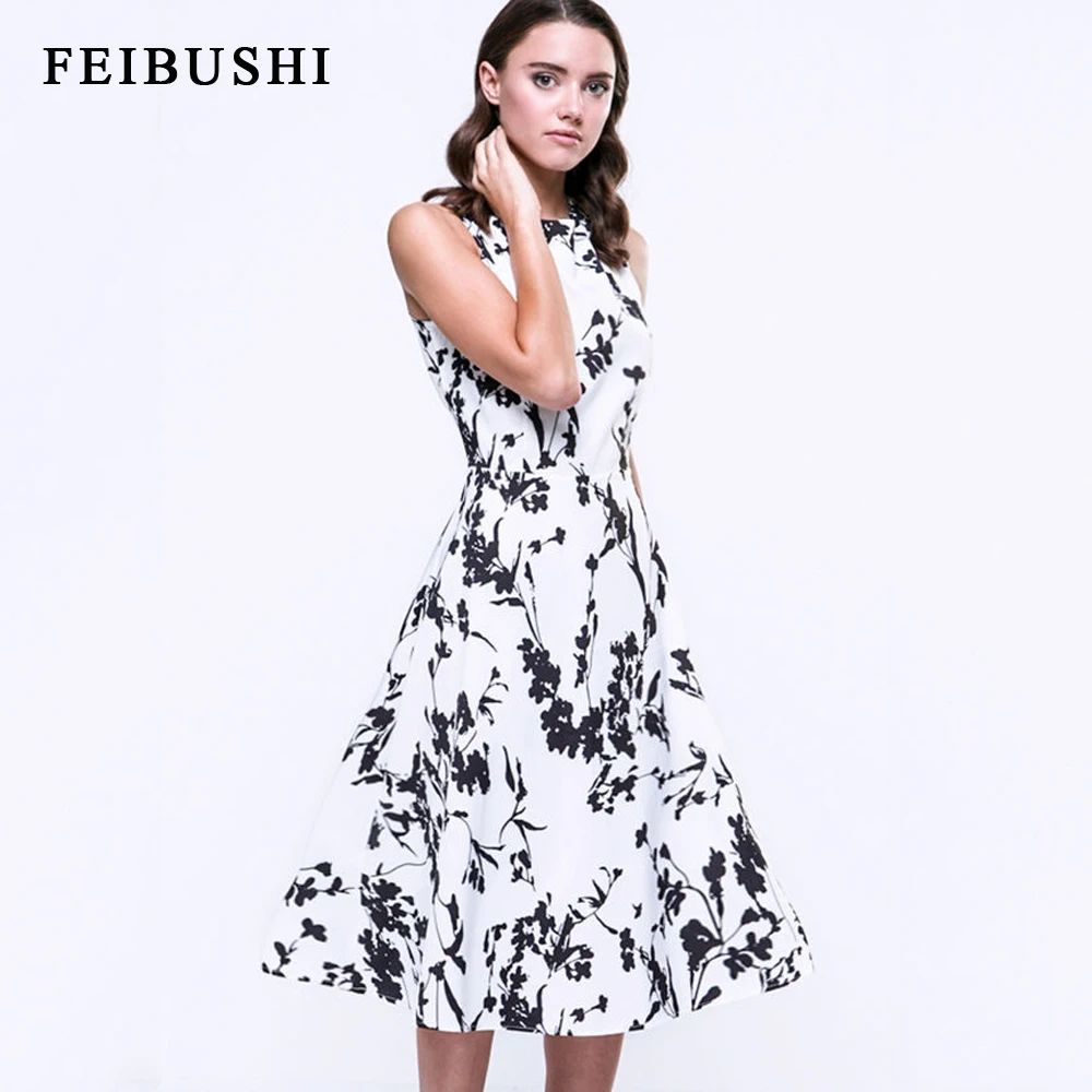 

FEIBUSHI Women Sexy Vintage Summer Robe Retro Swing Casual 50s Floral Printed Courtly Boat Neck Skater Dress