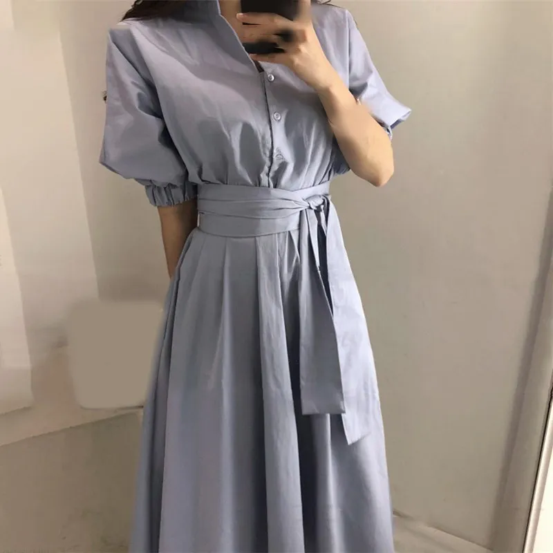 

Fashion 2019 Summer Women Solid A-Line Dress Elegant Short Sleeve Midi High Waist Dress Fashion Female Sashes Casual Dress