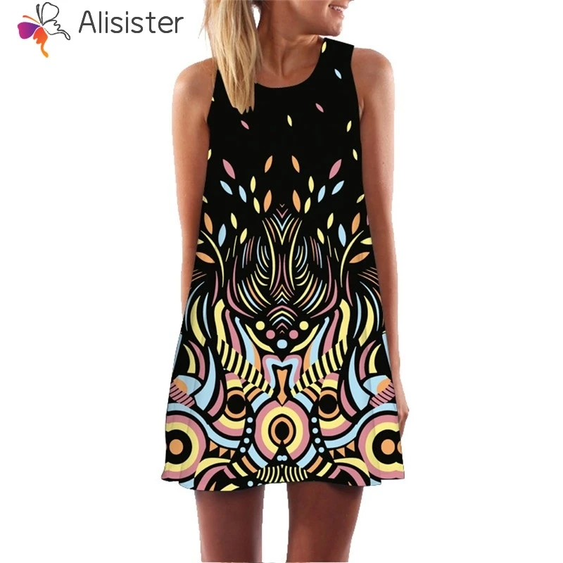 Dress for Women,Plus Size Boho Print Mini Dress Loose Shift Sleeveless Tank Vest Sundress Cocktail Evening Party Dress