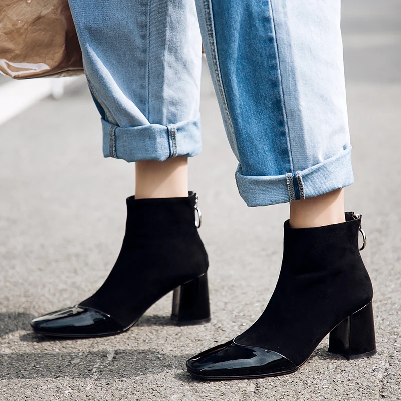 Prova Perfetto New Style Purple Women Ankle Boots Square Toe High Heel Boots Fashion Faux Suede Real Leather Woman Boots Size 40