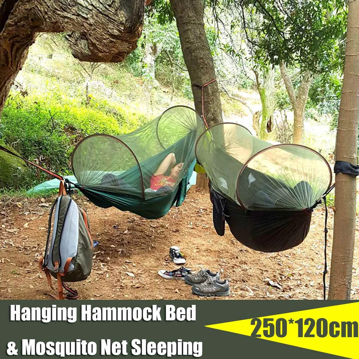 

250x120CM Portable Outdoor Camping Hammock with Mosquito Net High Strength Parachute Fabric Hanging Bed Hunting Sleeping Swing
