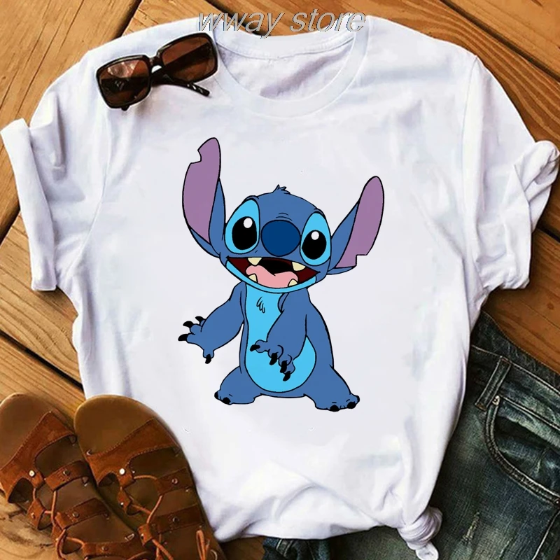 Женская футболка LILO STITCH, летние белые милые футболки harajuku, милая Повседневная футболка с рисунком, милые обтягивающие повседневные топы для девочек