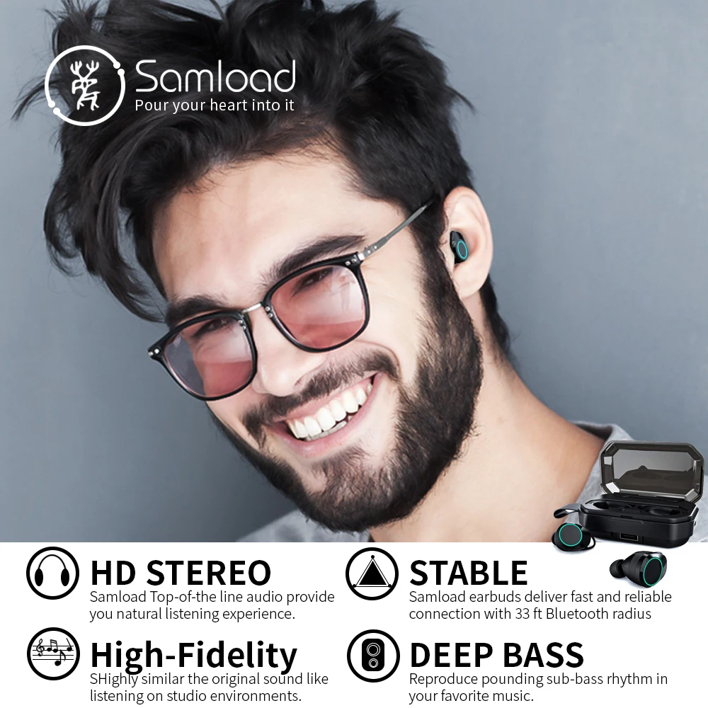 Samload auriculares inalámbricos Bluetooth 5,0 3D profundo bajo IPX7 al aire libre inalámbrico auriculares con 3000 mAh Banco de la energía para IOS Android - 3