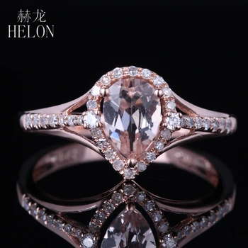 

HELON Solid 10K Rose Gold 0.6ct Natural Morganite Promise Ring Natural Diamonds Engagement Wedding Ring Women Elegant Jewelry