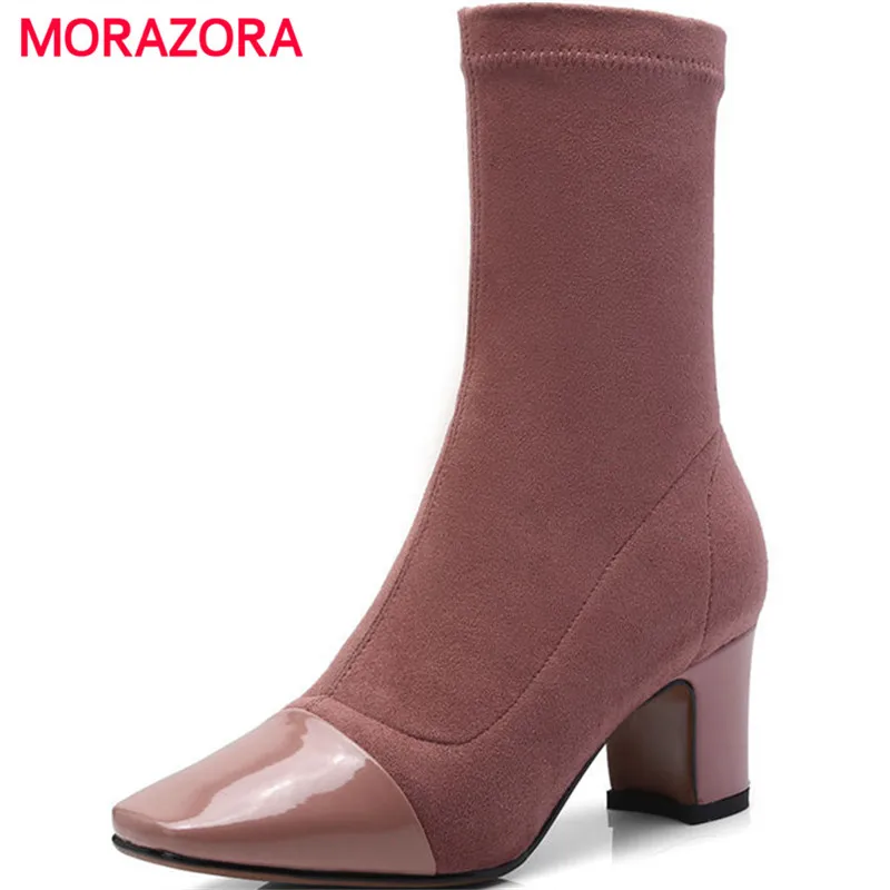 

MORAZORA big size square heel stretch fabric+genuine leather boots autumn winter square toe high heel boots zipper ankle boots