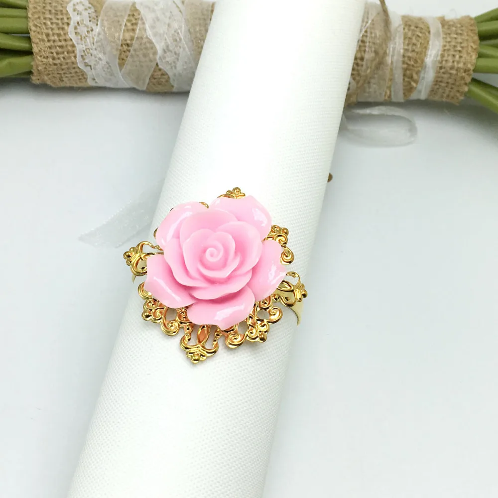 100pcs/lot Pink Rose Napkin Ring Silver Hoops Romantic Nice Looking Weeding Party Table