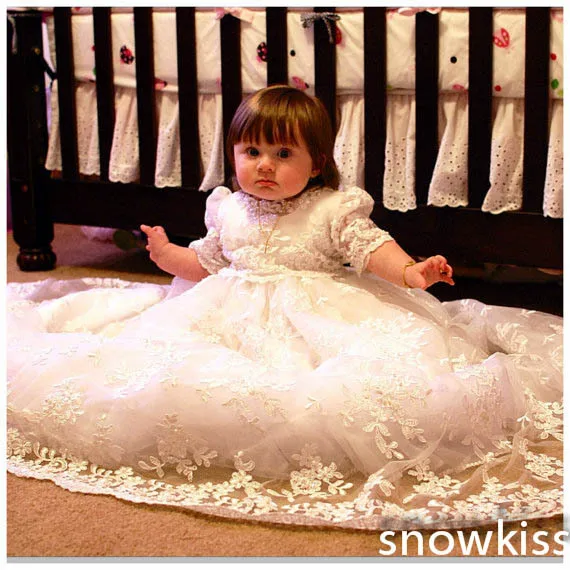 Girls Boys Christening Gown Baby Dresses White/Ivory Lace Appliques Half Sleeves Cotton Lining Baptism Robe With Bonnet