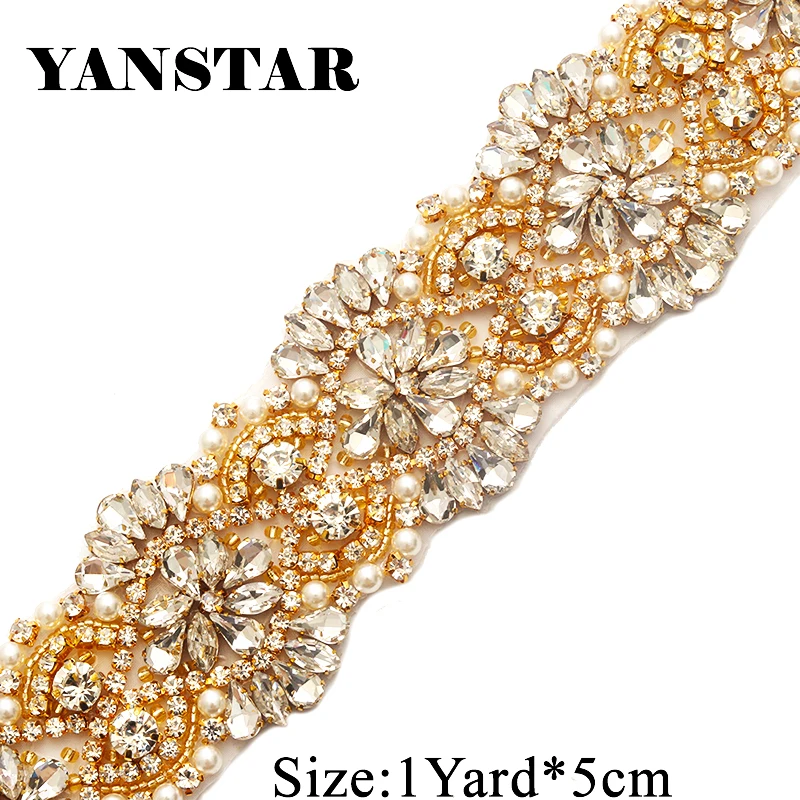 

YANSTAR Handmade 5CM*1Yard Sewing Bridal Beaded Rose Gold Clear Crystal Rhinestones Appliques Trim For Wedding Dress Belt YS821