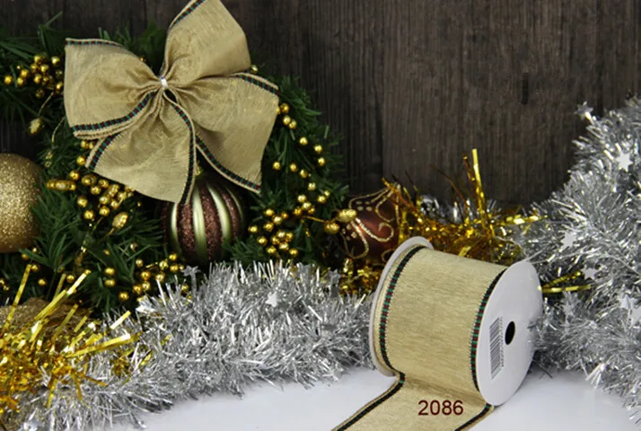

N2086 63mm 2.5" Green edges golden gift packaging wired edge ribbon 25yards roll