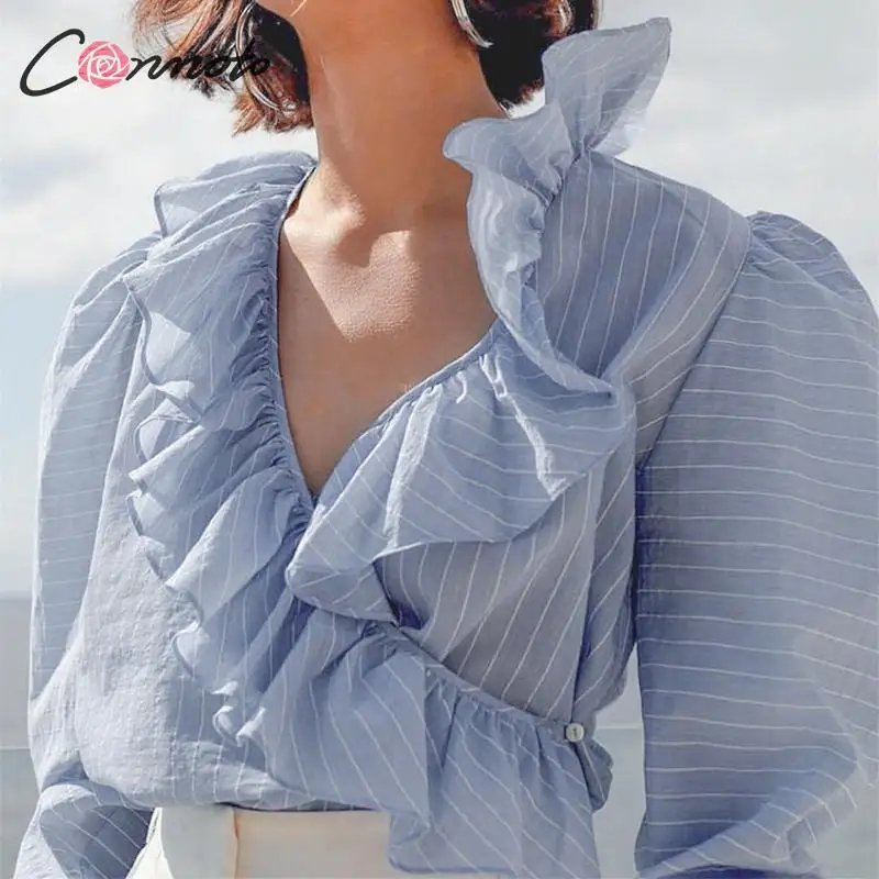 

Conmoto Women 2019 Autumn V Neck Stripe Blue Blouse Fashion Ruffle Long Sleeves Shirt Tops Female Casual High Street Mujer Blusa