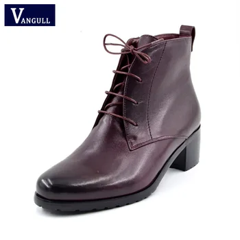 

VANGULL New Genuine leather Sheepskin suede laces shoes woman ankle boots high heels round toe Autumn 35-40 size Wine red