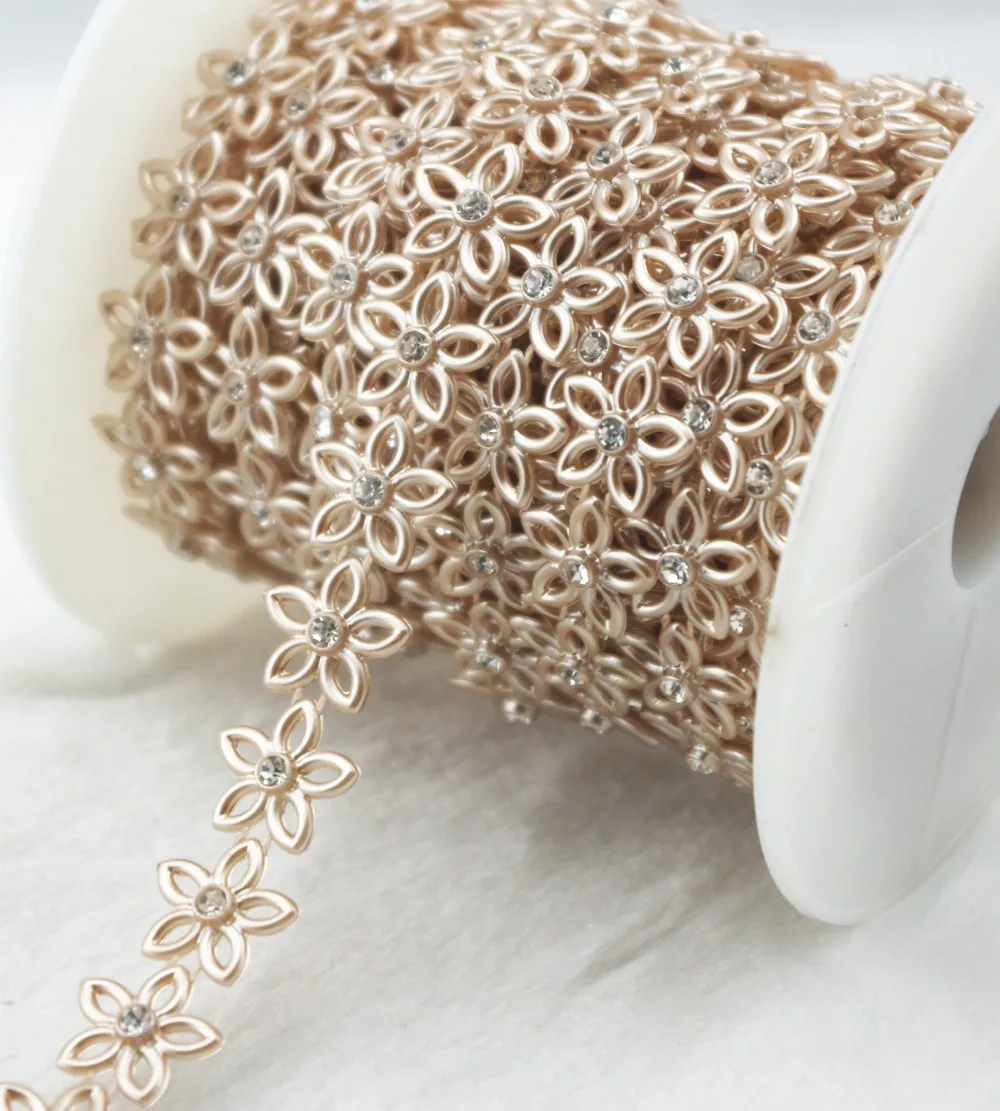 

15mm champagne Flower Pearl Rhinestone Chain Trims Sewing Costume Applique LZ161