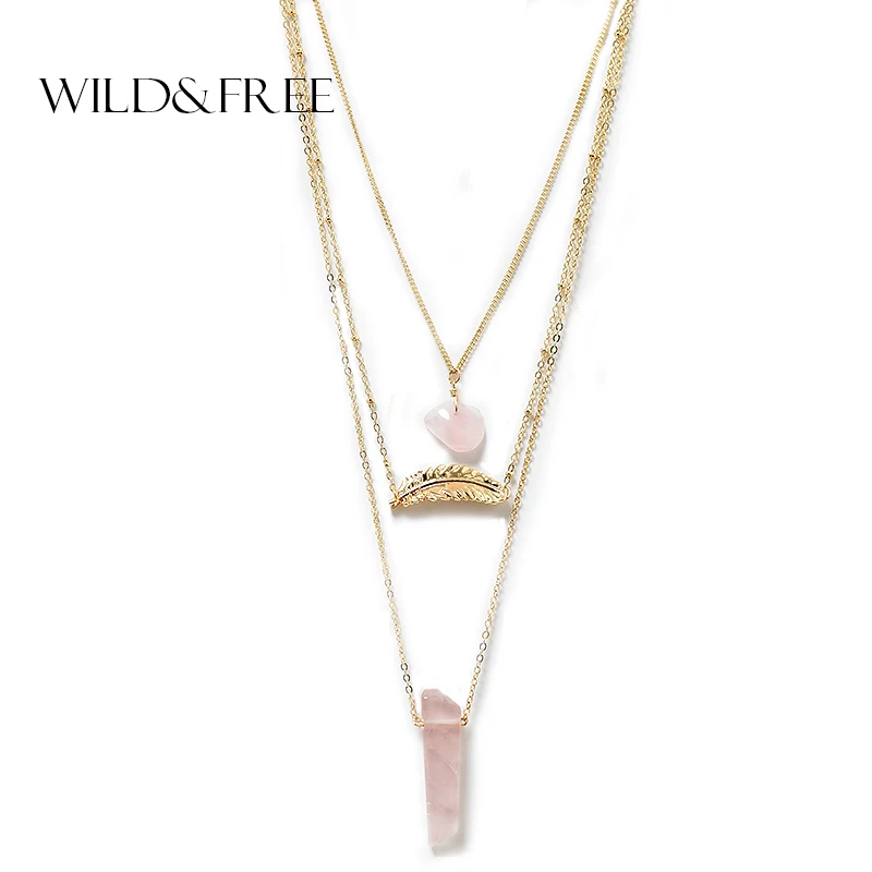 

Women 3 Layer Necklace & Pendant Gold Leaf Pink Natural Stone Multilayer Sweater Chain Collar Necklace Jewelry Gift