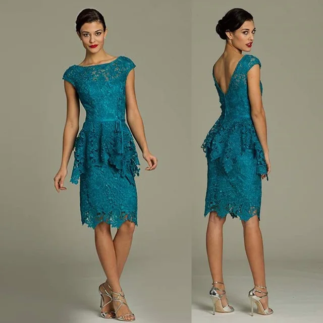 

Blue Women of the Bride Lace Dress 2018 Cap Sleeve Scoop V Back Peplum Knee Length Short Vestido de Madrinha M2143