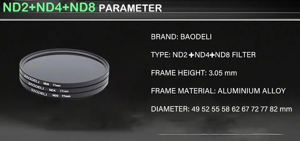 BAODELI Dslr Mrc Filtro один набор, концепция Nd 2 4 8, фильтр объектива 49 52 55 58 62 67 72 77 82 мм для Cannon Nikon sony, аксессуары