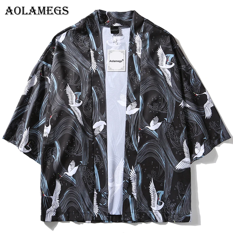 

Aolamegs Men Shirt Kimono White Crane Print Mens Shirt Cotton Open Stitch Casual Fashion Streetwear Spring Harajuku 2018 Outwear