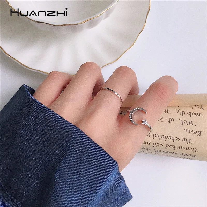 HUANZHI 2 шт./компл. Открытые Кольца со звездой и Луной Изящные Простые стразами из