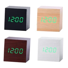 Reloj despertador LED cuadrado de madera con Control de sonido Multicolor, mesa de escritorio, termómetro Digital, USB de madera/AAA, relojes con pantalla