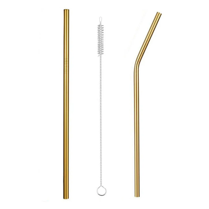 Reusable 304 Stainless Steel Drinking Straw Bar Party Metal Straw with Cleaner Brush For Mugs Sturdy Bent Straight Straws - Цвет: Gold A s1b1 2PCS