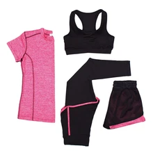 Спортивный костюм Для Женщин Йога набор открытый Фитнес Бюстгалтер для йоги и бега, цветная футболка с короткими рукавами и штаны, комплект из 4 предметов, легинсы, спорт, YJ001