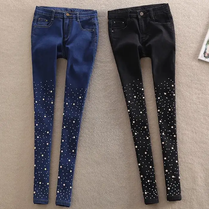 

New jeans woman star diamond spring new Slim stretch feet pencil pants
