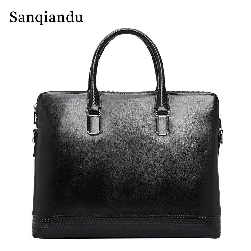 Sanqiandu 100% جلد أصلي للرجال حقيبة كمبيوتر محمول حقيبة الذكور الشهيرة العلامة التجارية Crossbody حقيبة الأعمال الرجال حقيبة الكتف باد حقيبة