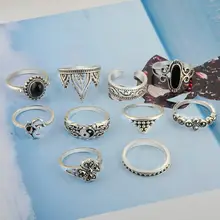10 pçs/set Mulheres Anéis Vintage Boêmio Stack Anéis Aneis de Prata Acima Knuckle Anel Azul Conjunto de Enfeites de cabelo Jóias Acessórios Anel