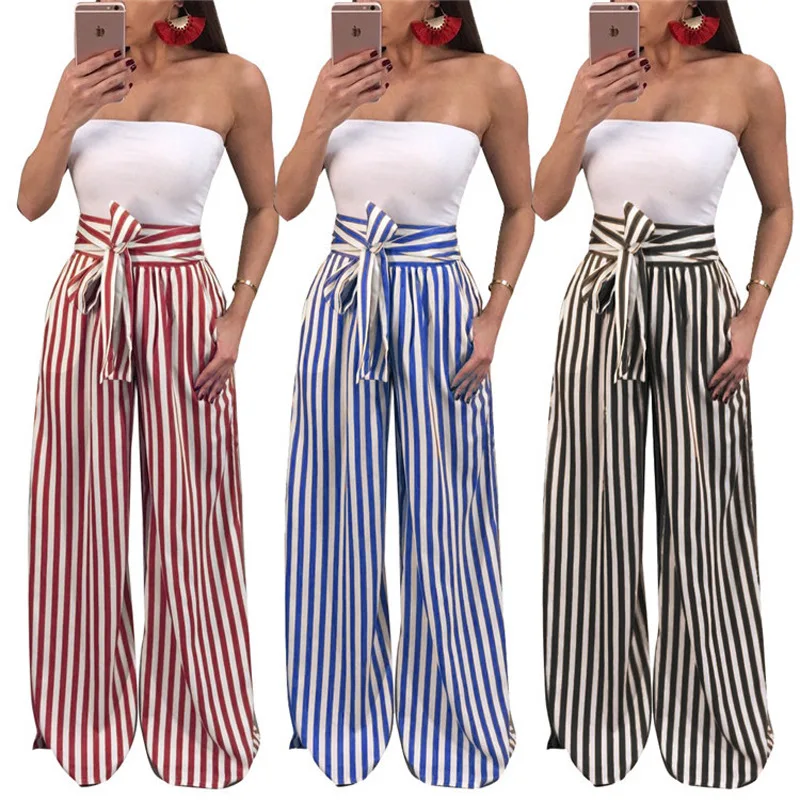 

Stripe split wide leg pants women bottom Sash ruffle high waist trousers Summer beach casual pants female