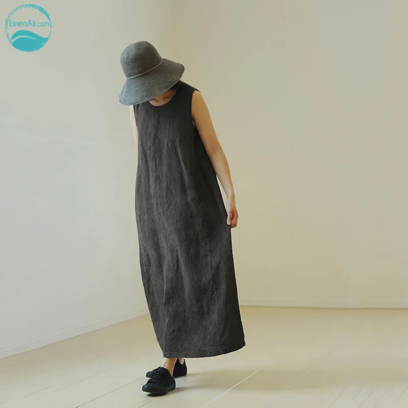 

LinenAll women's plant dyed hemp vintage dark gray retro long-sleeved vest dress robe female