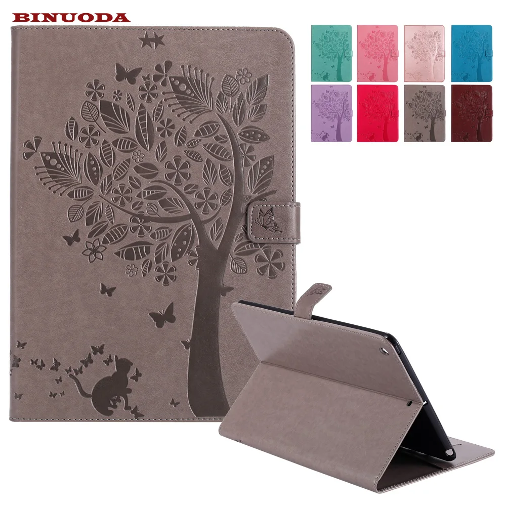 

For New iPad 9.7 2017 Released Tablet Case Emboss Cat Under Tree PU Leather Magnetic Wallet Folio Flip Smart Cover for iPad 9.7