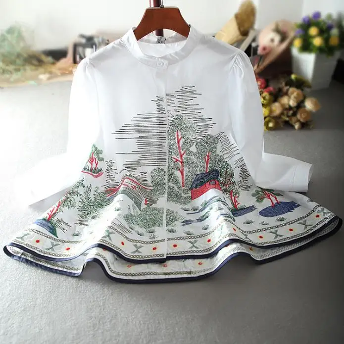 

2019 spring loose retro women blouse three quarter sleeve stand collar cotton a-line embroidered printed tops shirt