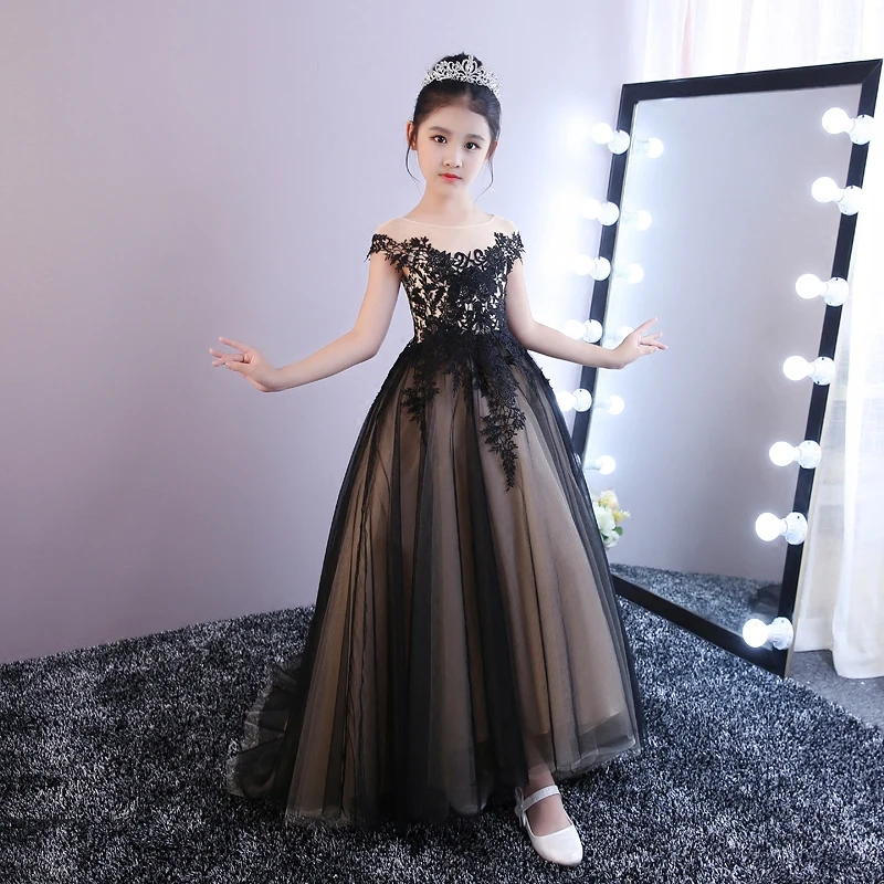 

Black Flower Girl Dresses Long Trailing Kids Pageant Dress for Birthday Costume Ball Gown Lace Up Princess Dress Party Gowns K66