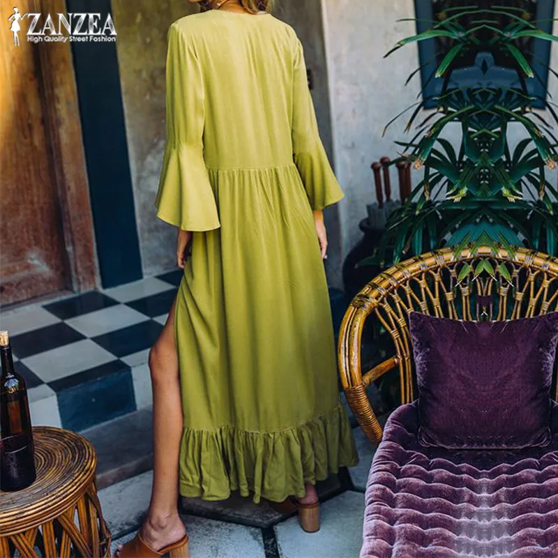 البوهيمي الشاطئ طباعة اللباس المرأة الكشكشة فستان الشمس 2019 ZANZEA مثير V الرقبة سبليت ماكسي Vestidos الإناث مضيئة كم رداء فام