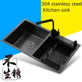 

304 Stainless Steel Kitchen Double Sinks Brushed Drawing Drainer Deck Mounted Home Undermount Multifunctional Kitchen Sink Black