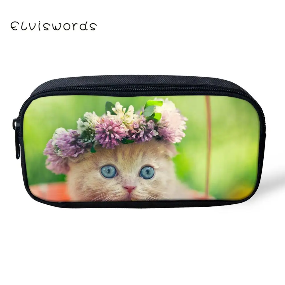 

ELVISWORDS Cute Garland Cat Printed Pencil Case Kawaii Women Makeup Cosmetic Bags Children Girls Stationery School Supplies