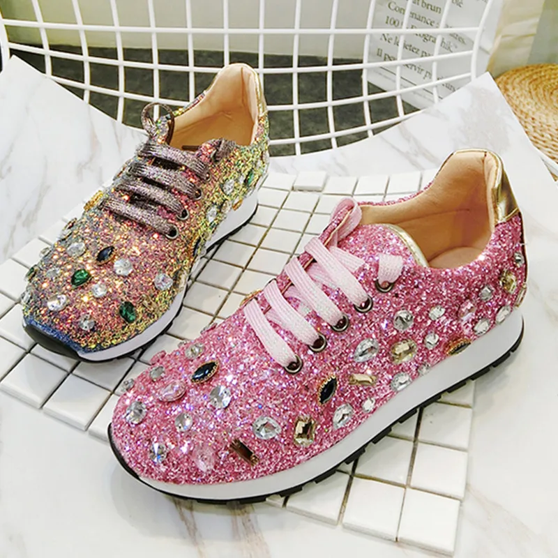 

2019 New Pink Sequined Women Casual Sneakers Lace Up Fashion Ladies Espadrilles Platform Creepers Crystal Moccasins Footwear