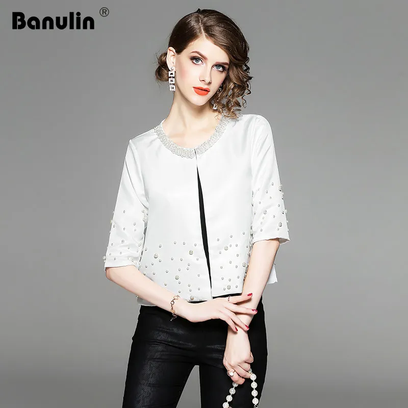 

Banulin Top Fashion Women's Elegant Designer Spring Autumn Runway Short Coat Beading Slim Outerwear Long sleeve Plus size jacket