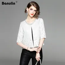 Banulin Top Fashion Women's Elegant Designer Spring Autumn Runway Short Coat Beading Slim Outerwear Long sleeve Plus size jacket