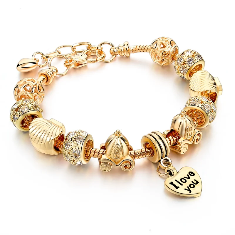 Luxury Jewelry European Heart Charm Bracelet Gold DIY Beads Women Bracelets Bangles Pulsera SBR150082