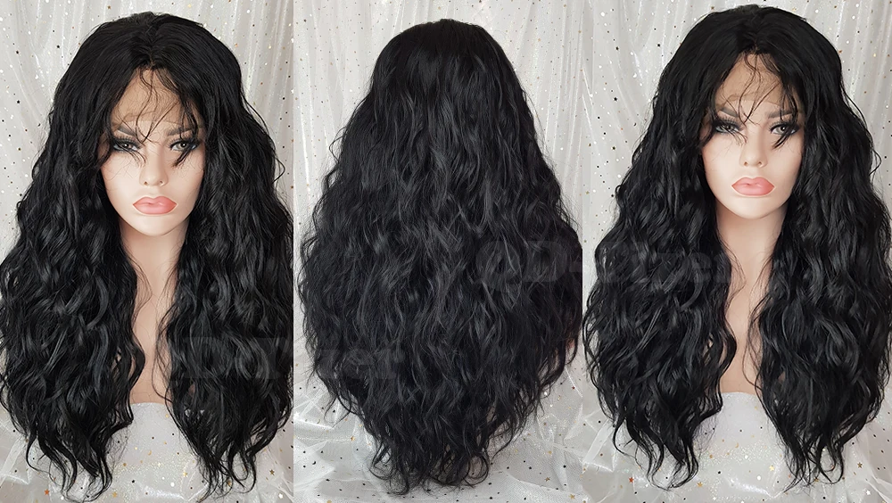 QD-Tizer Black Color Loose Wavy Synthetic Lace Front Wigs Gluelsss with Baby Hair Natural Hairline Synthetic Lace Front Wig6