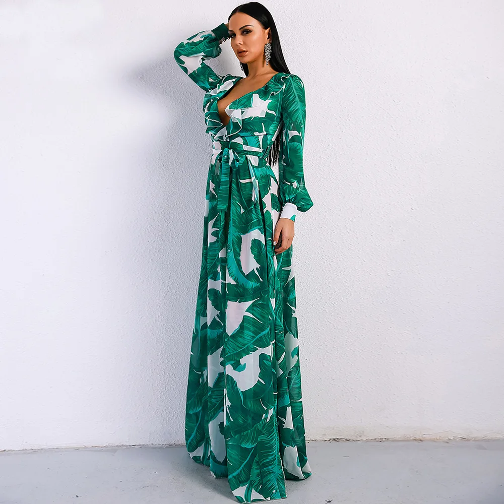 Sexy Dress New High Quality Runway 2019 Spring Summer Women Party Office Dress Elegant Boho Beach Printing Maxi Long Dresses (4)