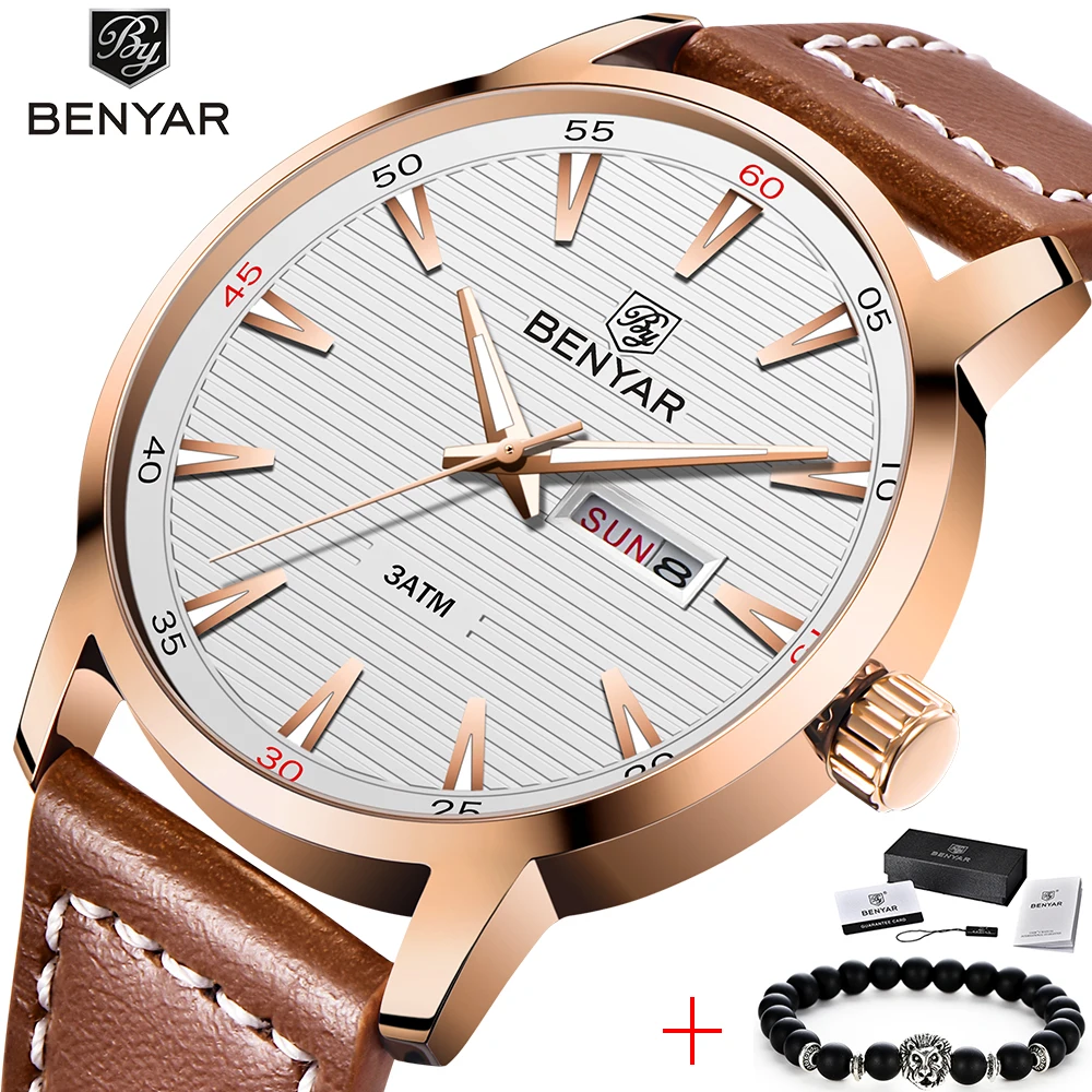 

BENYAR Top Brand Luxury Quartz Watch Fashion Men Watch Leather Strap Waterproof Sports Business WristWatches Relogio Masculino