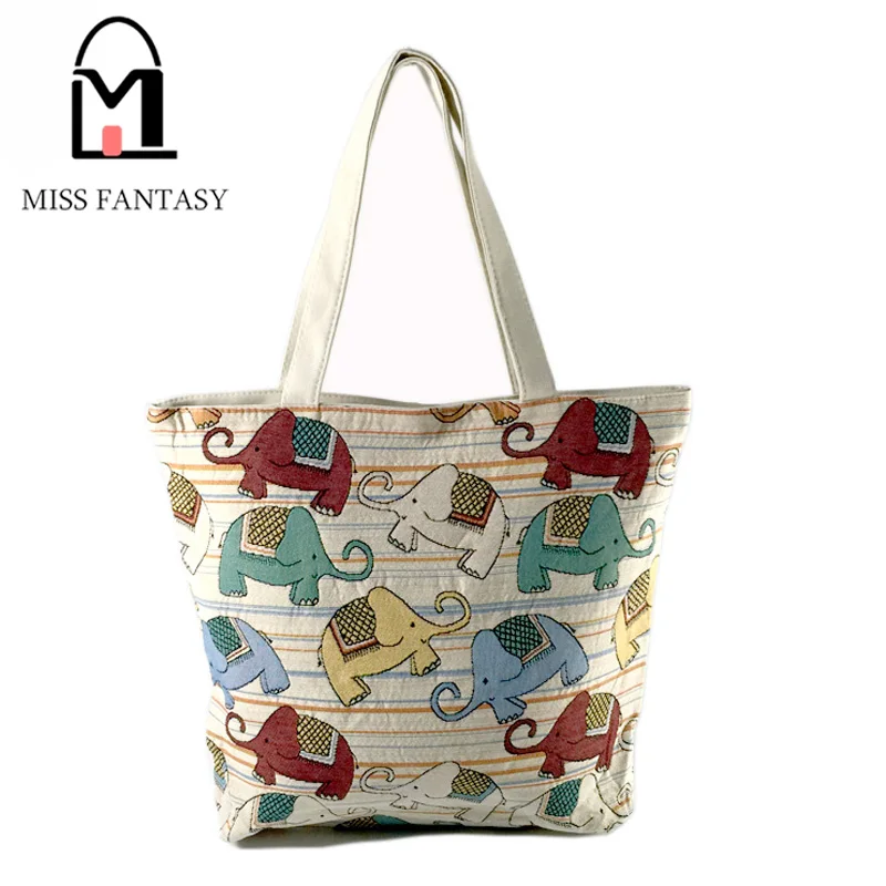 Women Bag  Canvas Handbag Embroidery Elephant  Printed  Beach Shopping Bags White Color  Big  Travel Shoulder Bags