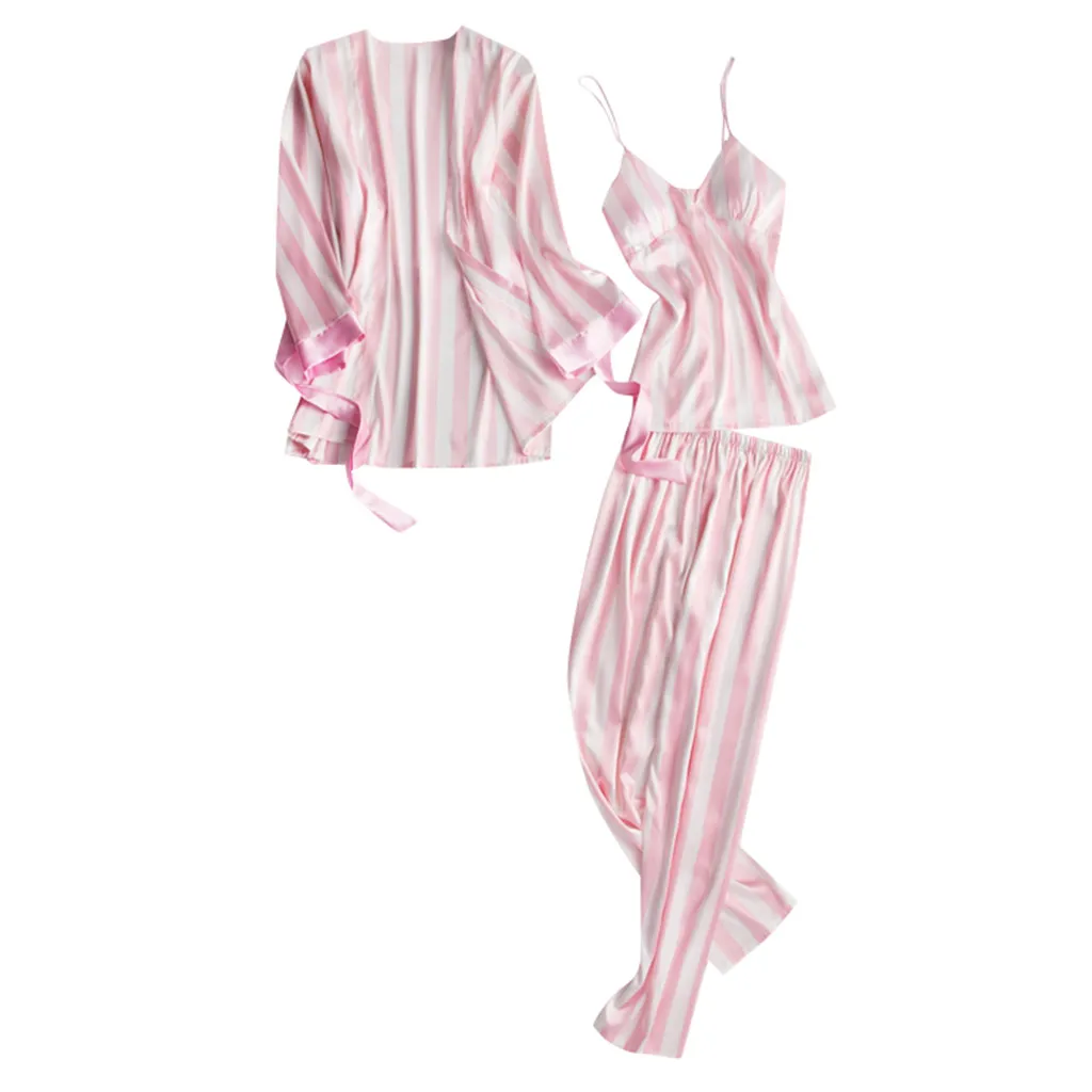 Женская модная полосатая Пижама, одежда для сна, длинные брюки, одежда для сна, комплект из 3 предметов, ropa interior femenina sujetadores - Цвет: Розовый