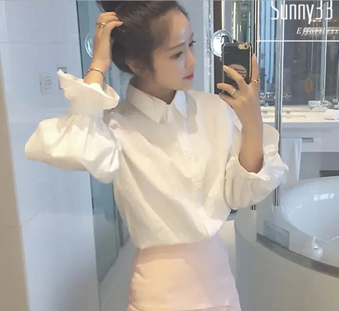 

Spring and Summer Newest Casual Loose White Shirts 2018 Women Solid Color Puff Sleeve Shirts Blouses Tops