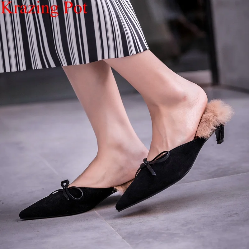 

2018 superstar rabbit fur keep warm slingback pointed toe slip on mules kid suede low heels butterfly-knot outside slippers L0f2