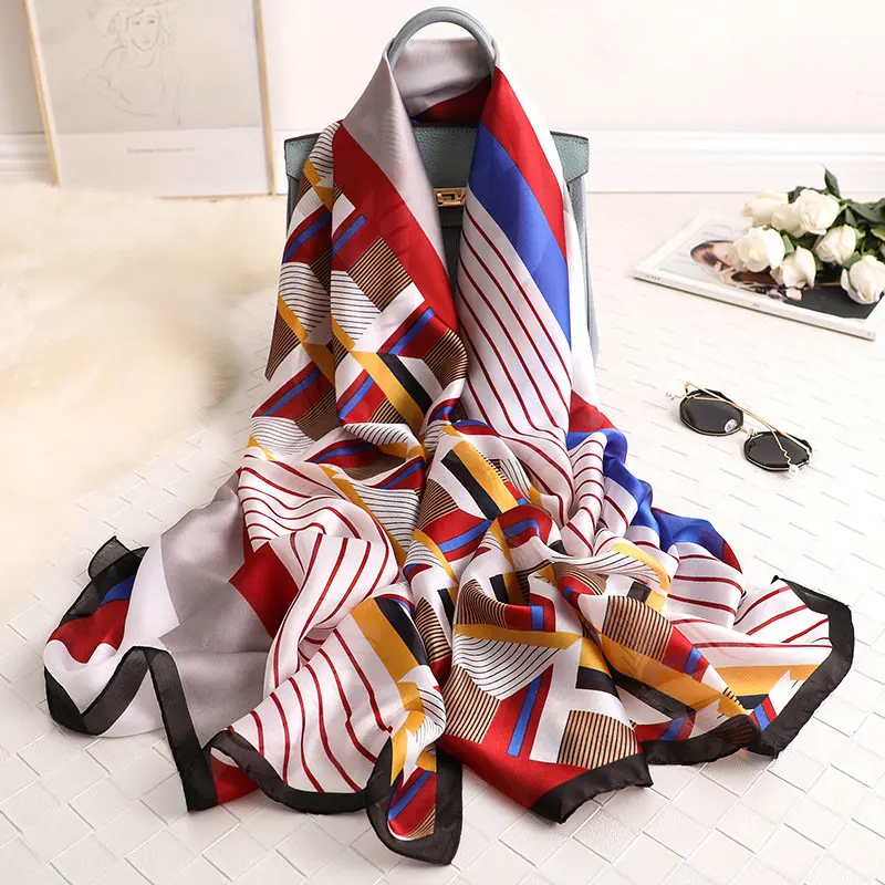 

New ladies scarf summer Striped lattice silk scarf spring and autumn wild oversized shawl Europe and America wild beach towel