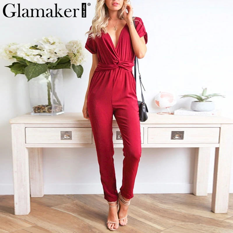 

Glmaker Deep v neck black sexy jumpsuit Women summer short sleeve long playsuit Female solid fitness jumpsuits rompers overalls